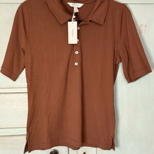 SPANX NWT Rib Ribbed Stretch‎ Polo Tee Top in Hickory Brown Size L MSRP $68